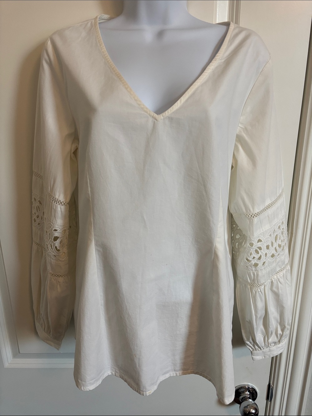 Maeve Anthropology Women's V-Neck Lace Cutout Sleeve Tunic Top- White 10 (#45T)